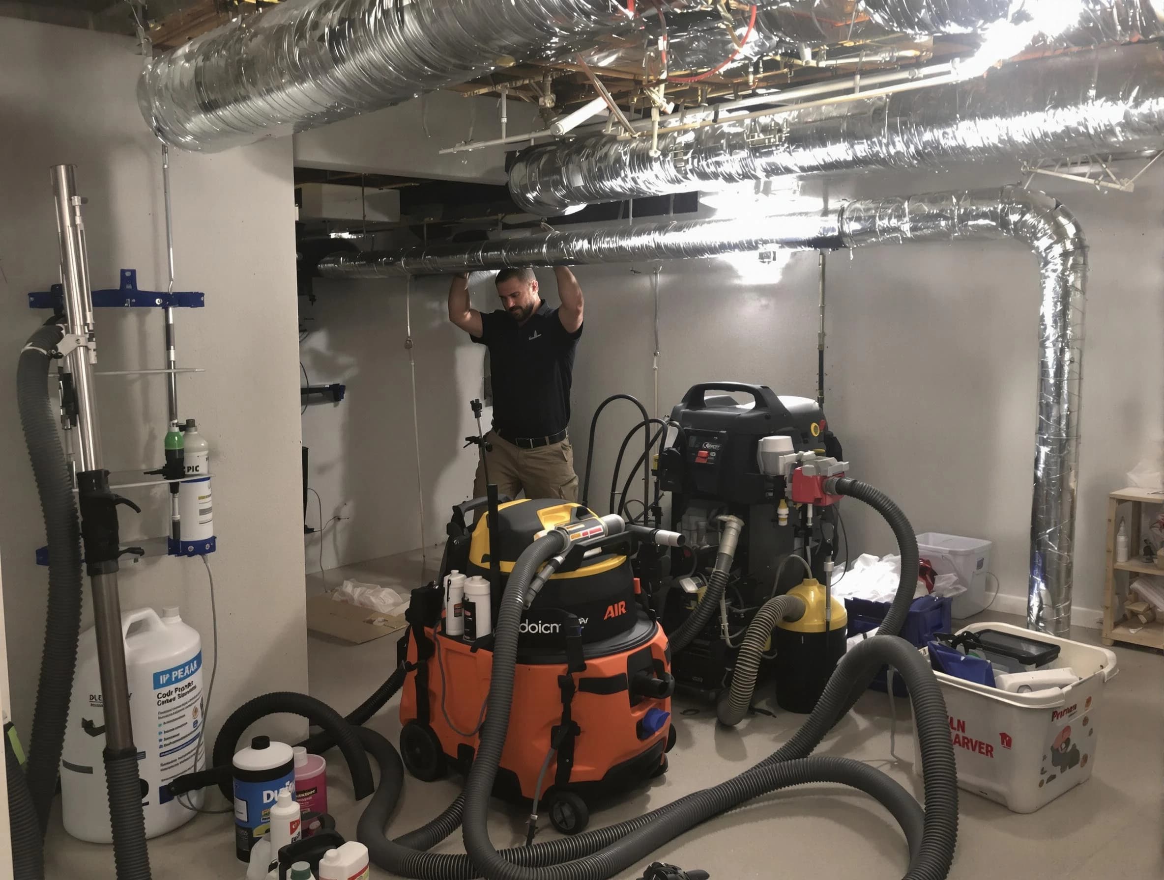 Rio Rancho Air Duct Cleaning specialist performing professional mold removal from air ducts using safety equipment in Rio Rancho